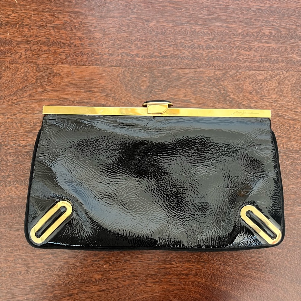 Brian Atwood Y2K 1990s Vintage Black Patent Leather And Gold Evening Clutch